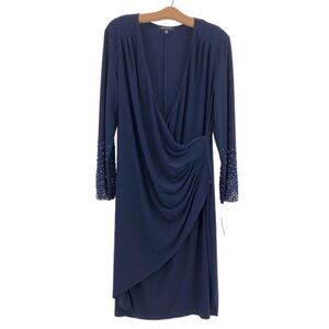 NEW MARINA Long Sleeve‎ Faux Wrap Evening Dress Beaded Sleeve Detail Size 16W